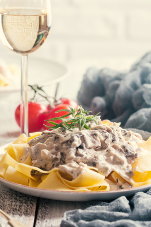 Tagliatelle pasta with Salmonの写真素材