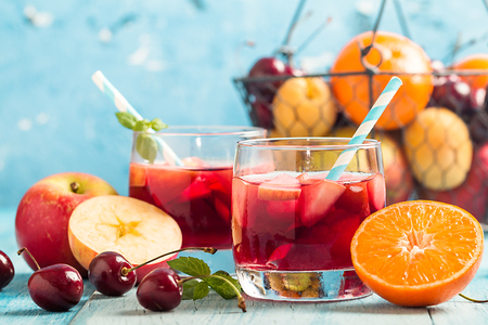 Refreshing sangria or punch with fruitの写真素材