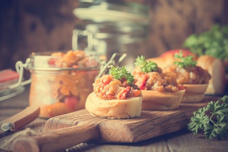 Bread toasts with eggplant caviar.の写真素材