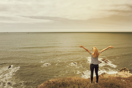 Happy Carefree Woman at the beachの写真素材