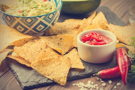 Mexican nachos with guacamoleの写真素材