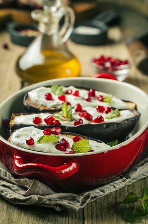 Grilled eggplants with sauceの写真素材