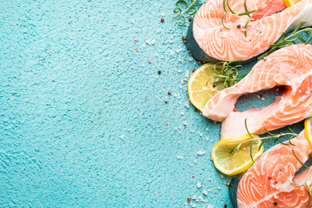 Raw salmon fish steakesの写真素材