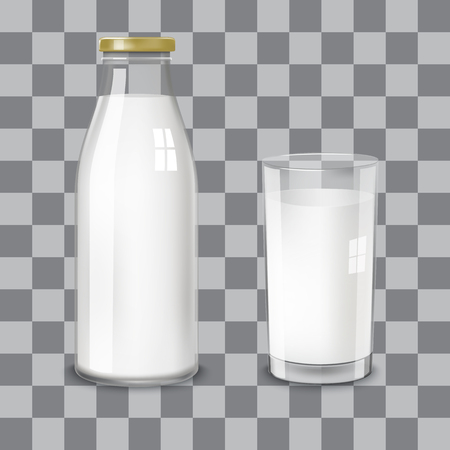 Transparent glass bottle and a glass with milk on a transparent background. Vector illustration by category of dairy products.のイラスト素材