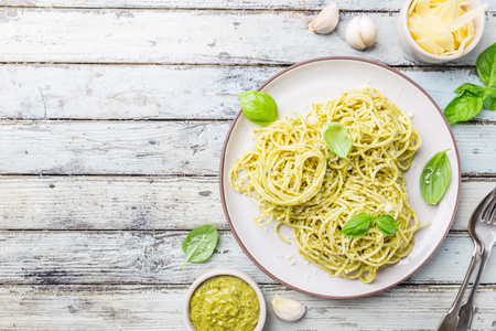 Spaghetti with homemade pesto sauceの写真素材