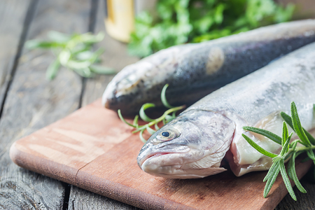 Two rainbow trout on a boardの写真素材