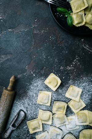 Fresh ravioli with flourの写真素材