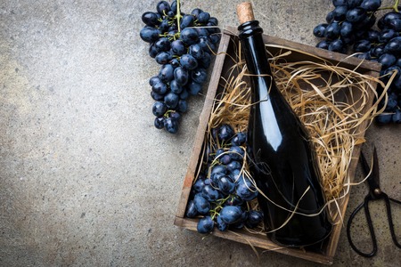 A bottle of red wine with grapesの写真素材