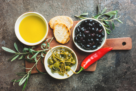 A set of olives and olive oilの写真素材