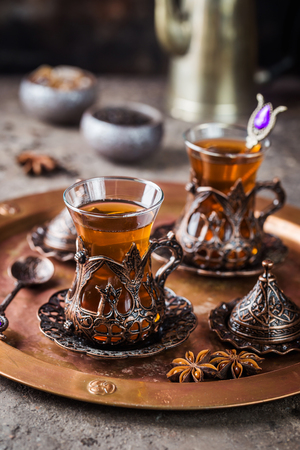 Turkish tea in traditional glassの写真素材