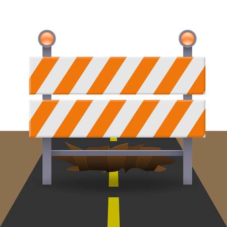 Reflective traffic barricade in front of large sinkholeのイラスト素材
