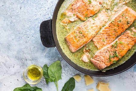 Grilled Salmon with cream sauceの写真素材