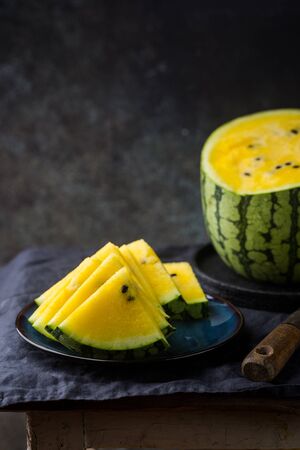 Sliced yellow watermelonの写真素材