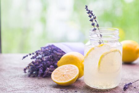 Lemonade with lemons and lavenderの写真素材