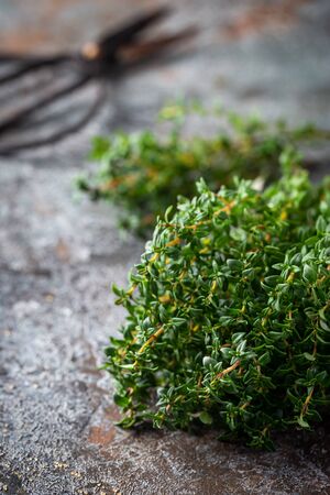 Bunch of fresh thyme herb on gray stone backgroundの写真素材