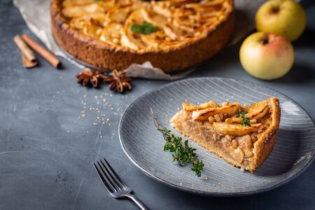 Slice of homemade delicious fresh baked Rustic Apple Pie on gray backgrounfの写真素材