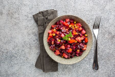 Beet Salad - Vinaigrette in a bowl, top view. Vegan cuisine. Dietary menu.の写真素材