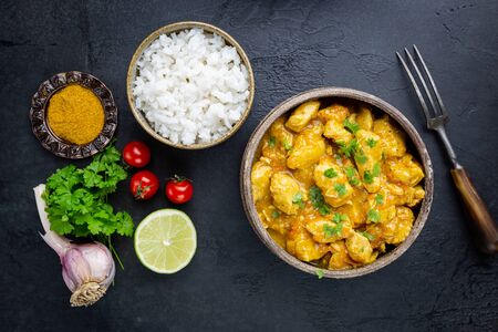 Spicy chicken cooked with curry sauce and rice, top viewの写真素材