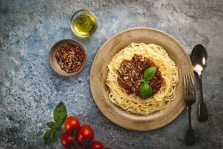 Classic Spaghetti bolognese on plate. Top view with copy space.の写真素材