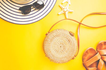 Summer holiday flat lay, Womans accessories on colorful background, Vacation, summer and travel itemsの写真素材