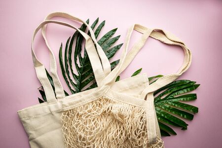 Zero waste conception, cotton bags for free plastic shoppingの写真素材