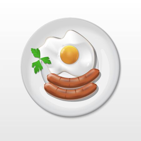 Fried egg and sausages dish on plateのイラスト素材