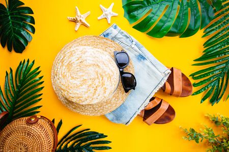 Summer holiday flat lay, Womans accessories on colorful background, Vacation, summer and travel itemsの写真素材