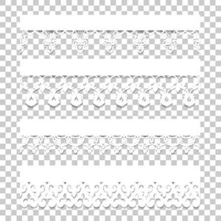 Set of white seamless lace borders with shadows, ornamental paper lines, vectorのイラスト素材