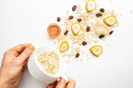 Bowl of oatmeal porridgeの写真素材