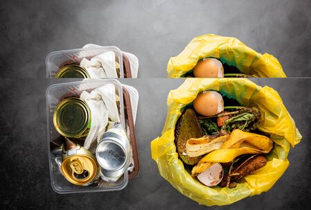 Organic food wastes in a bucket, shot from above. Zero waste, recycle, waste sorting concept - top view of peels and leftovers of fruit and vegetablesの写真素材