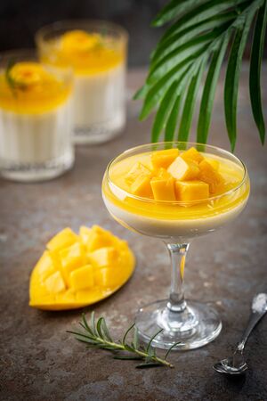 Italian dessert panna cotta with mango in glass on gray backgroundの写真素材