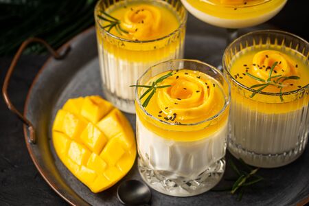 Italian dessert panna cotta with mango in glass over dark backgroundの写真素材