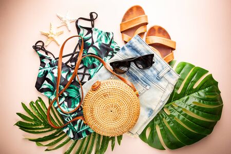 Summer holiday flat lay, Womans accessories on colorful background, Vacation, summer and travel itemsの写真素材