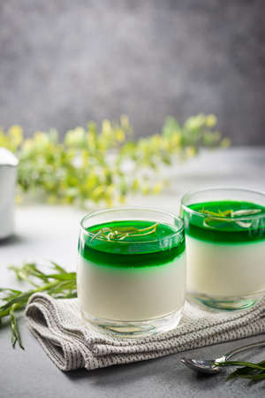 Dessert Panna Cotta with green tarragon sauce and fresh tarragon on white backgroundの写真素材