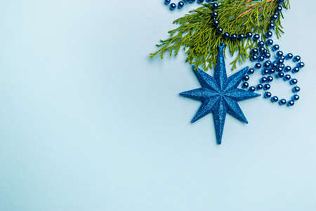 Christmas holidays composition with christmas decorations on blue background with copy space for...