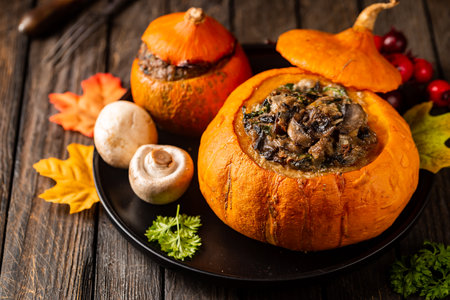 Tasty autumn stuffed pumpkin with fresh mushrooms, spinach and vegetables ready on rustic dark wooden tableの写真素材