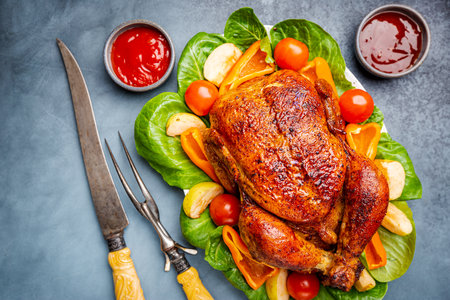 Roasted chicken with a golden crust with vegetables and sauces on a gray background, top viewの写真素材