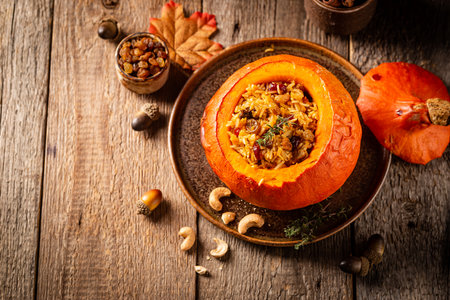 Tasty baked pumpkin stuffed with rice, vegetables, cashews and dried fruits on wooden table with dark background, top viewの写真素材