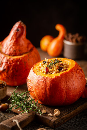 Tasty baked pumpkin stuffed with rice, vegetables, cashews and dried fruits on wooden table with dark backgroundの写真素材