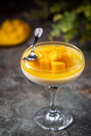 Italian dessert panna cotta with mango in glass on gray backgroundの写真素材