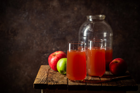 Glass of fresh apple juice and red apples on dark wooden background