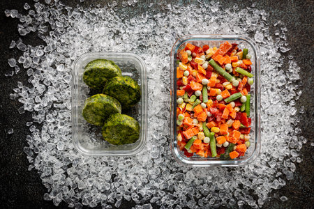 Mixed Frozen various vegetables in a box with ice, top view