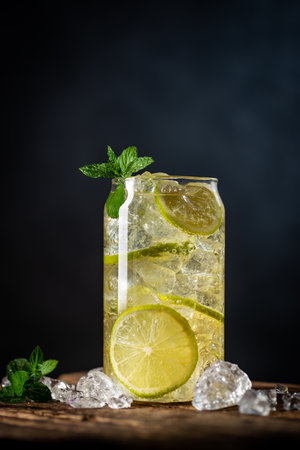Summer drink green Iced tea with lemon slices and mint on dark backgroundの写真素材