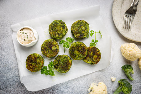 Broccoli and cauliflower green fritters or pancakes with sauce, top view