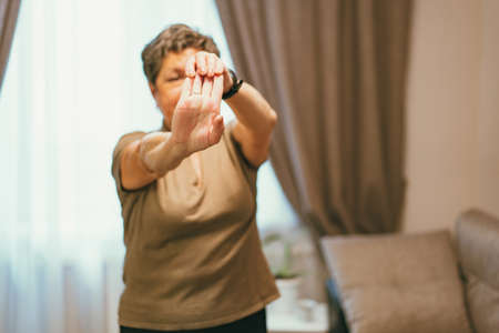Sport In Mature Age. Happy senior woman doing stretching exercises at home, watching online...