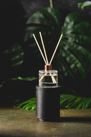 Aroma reed diffuser, home fragrance bottle with rattan sticks and smell of freshness on dark...