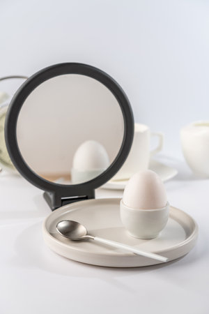 White egg with white plates, cup and mirror over white background for breakfast