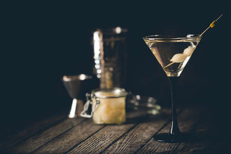 alcohol cocktail with martini and onions in martini glass. Decorated cocktail on dark background