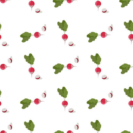 Seamless plants vector pattern on white background. Hand drawn pink and purple radishes in sketchy style with black contour. Perfect for wallpaper or fabric.のイラスト素材