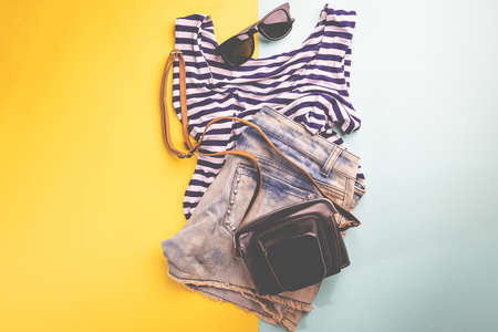Summer holiday flat lay, Womans accessories on colorful background, Vacation, summer and travel itemsの写真素材